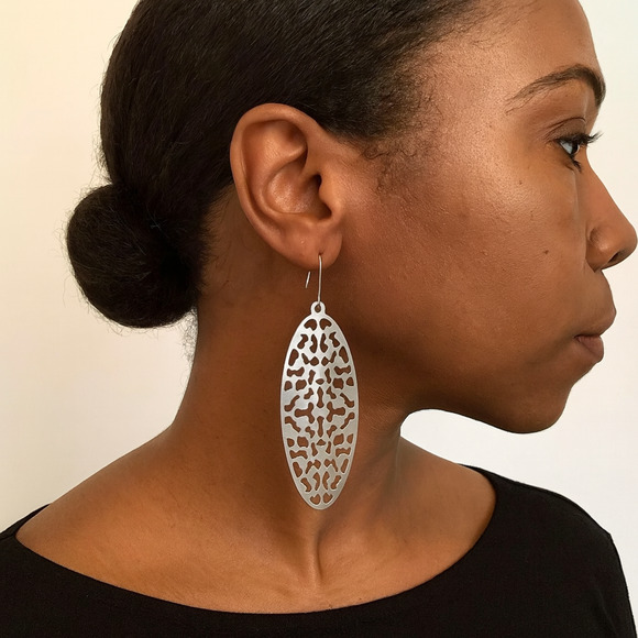 Sterling Silver Oval Cutout Dangle Earrings Hook 5.3g Modern Abstract Design - Picture 1 of 15